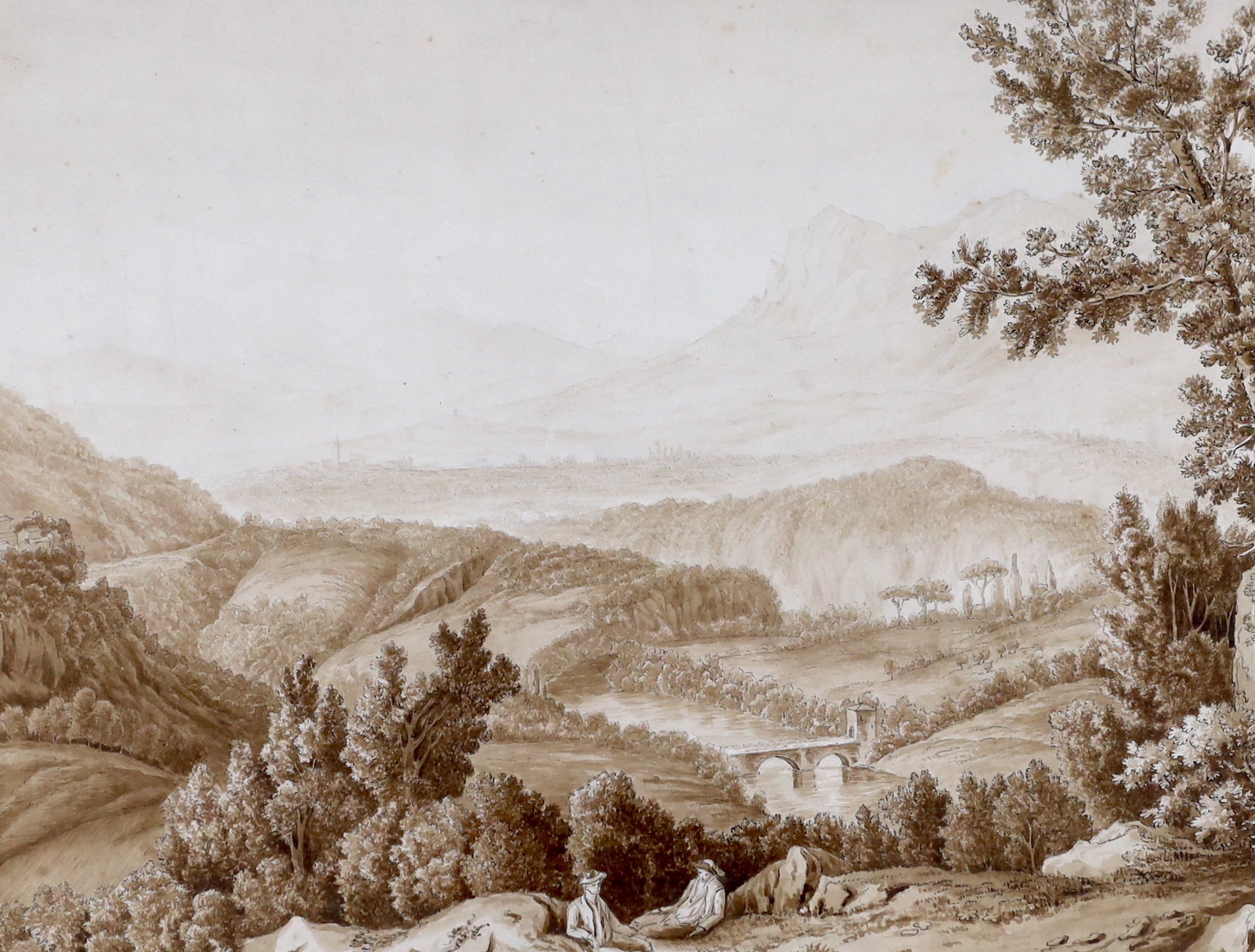 Anthony Devis (1729-1817), watercolour, Mountainous landscape with pack horses, gallery label verso, together with two further ink and washes, landscapes, largest 25 x 37cm